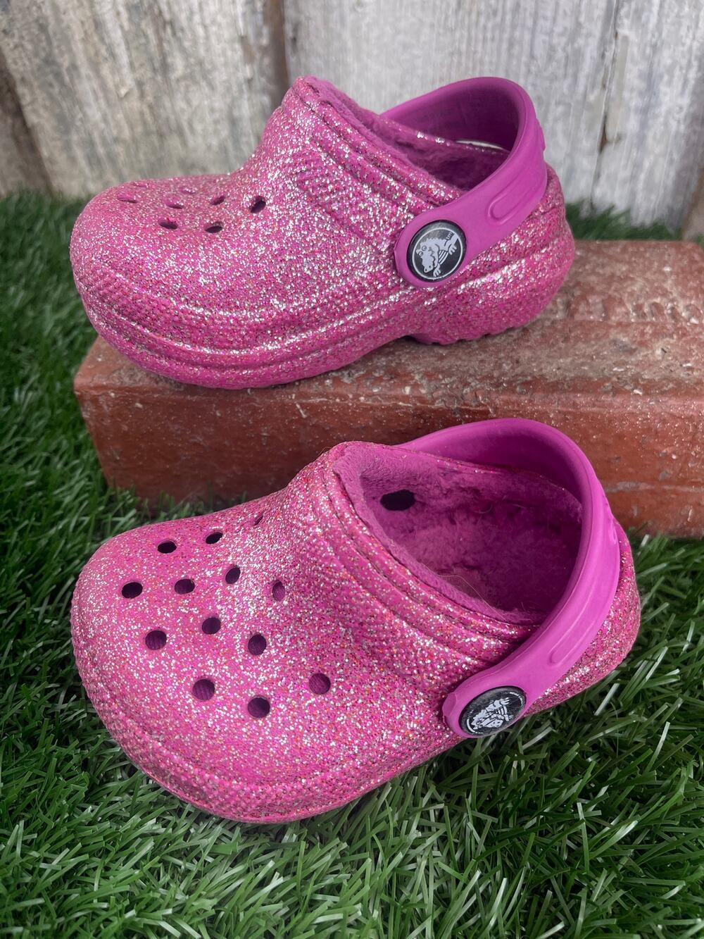 CROCS Classic Lined Vibrant Pink Glitter Toddler Clogs C4